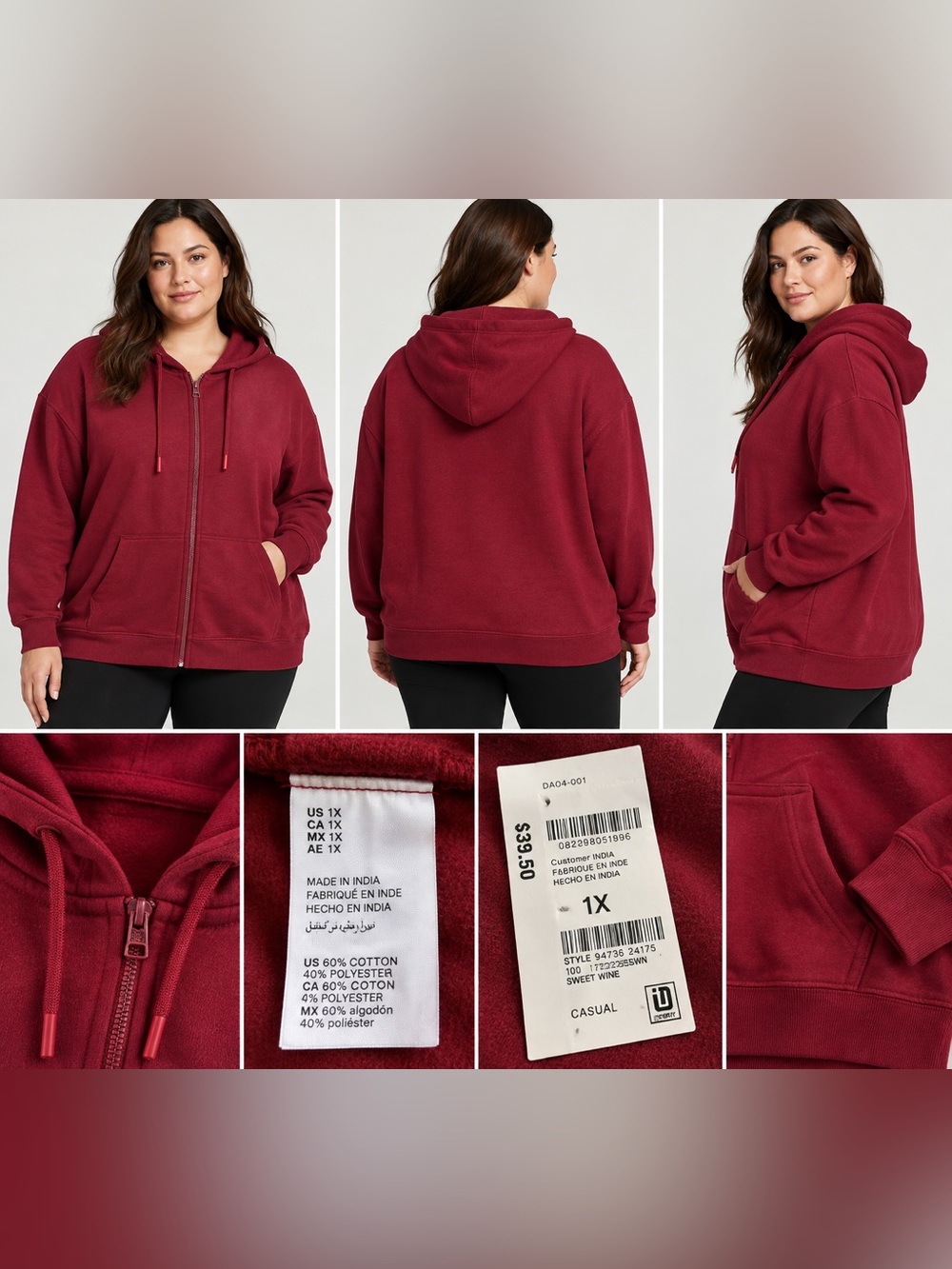 Ideology Women’s Full Zip Hoodie Sweet Wine Size 1X NWT